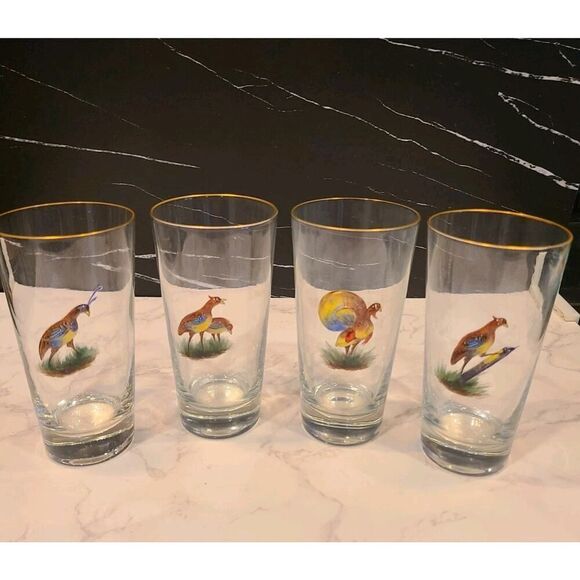 4 Highball Gold Rimmed Bar Glasses With 3D Enameled Game Birds Pheasant Set EUC - Picture 9 of 15